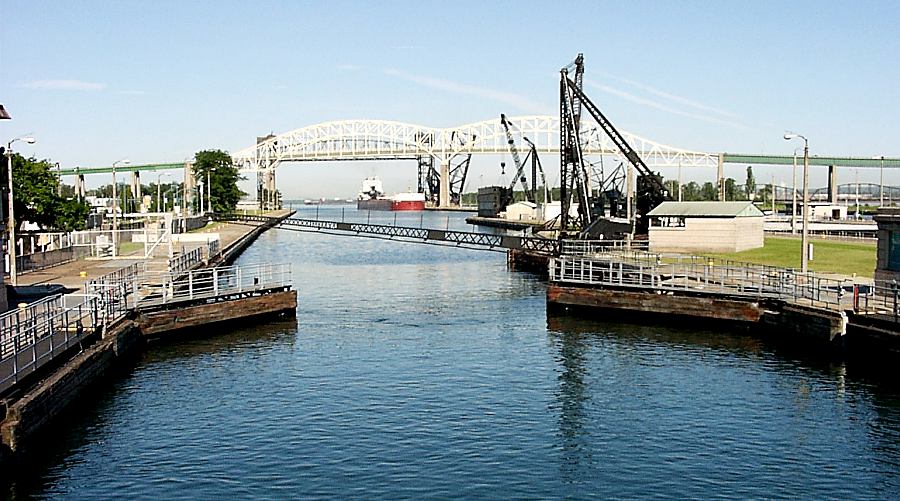 MacArthur Lock, International Bridge, freighters - Sault Ste Marie, Michigan