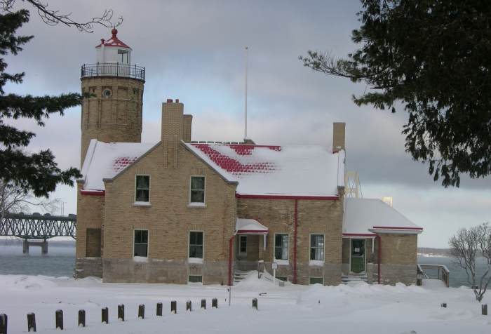 Old Mackinac Point Lighthouse in winter.