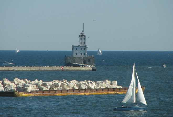 Milwaukee Breakwater Light and Lake Michigan sailboats
