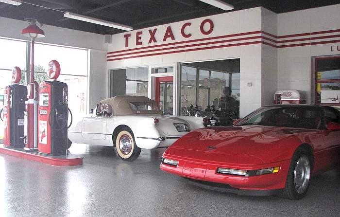 Faux Texico Station with antique cars in Winfield, Kansas