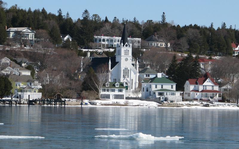 Ste. Anne Catholic Church on Mackinac Island, Michigan in winter