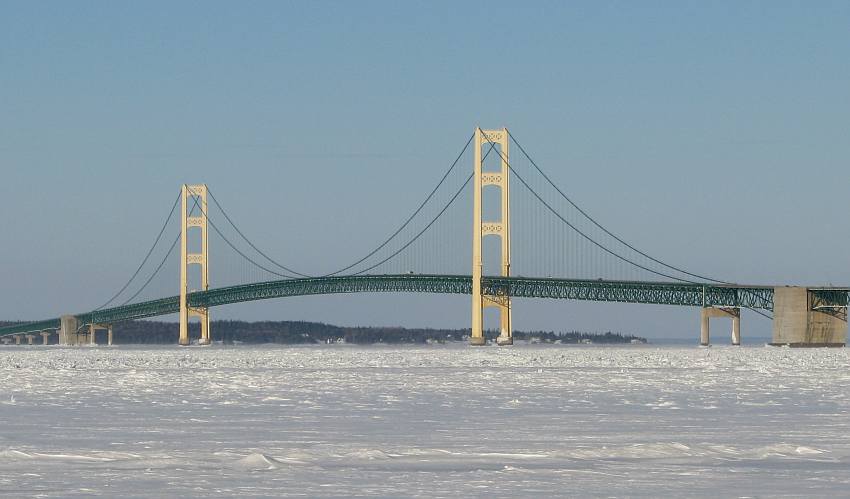 Mackinac Bridge with ice covered Straits