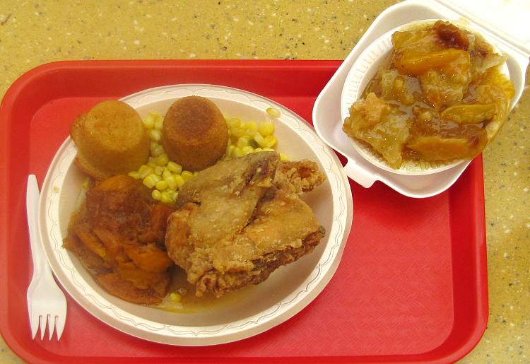 Paschal's fried chicken and peach cobbler