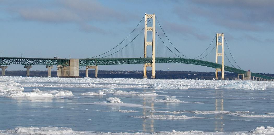 Mackinac Bridge with winter ice