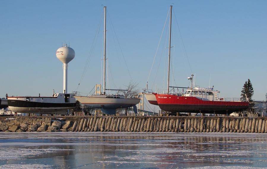 boats in dry dock in Mackinaw City, Michigan