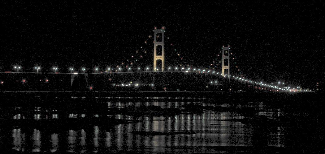 Mackinac Bridge at night in the winter