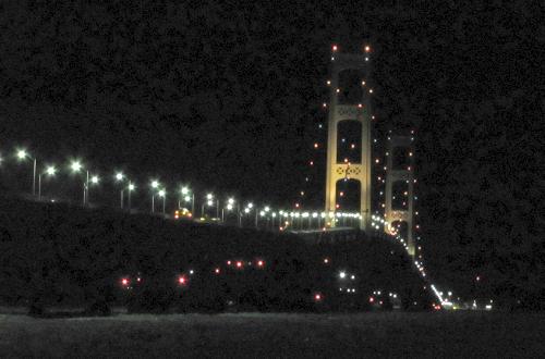 Mackinac Bridge at night in winter - Mackinaw City, Michigan