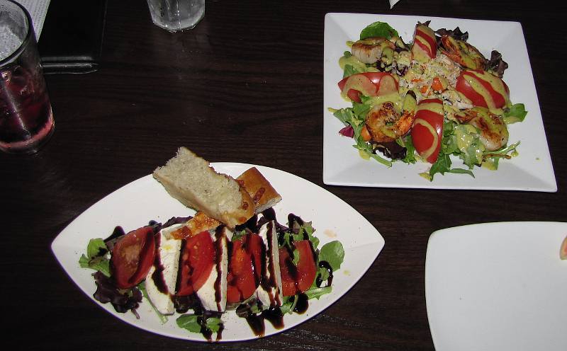 buffalo mozzarella caprese and grilled shrimp at Sangrias Wine and Tapas Bistro