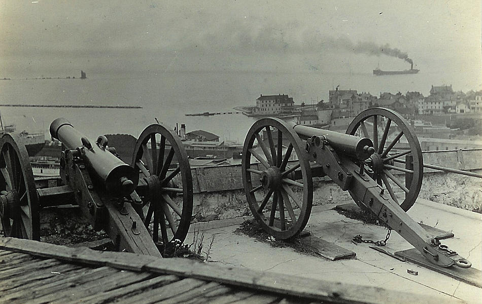 Fort Mackinac, Island habor, cannons, Round Island Lighthouse freighter