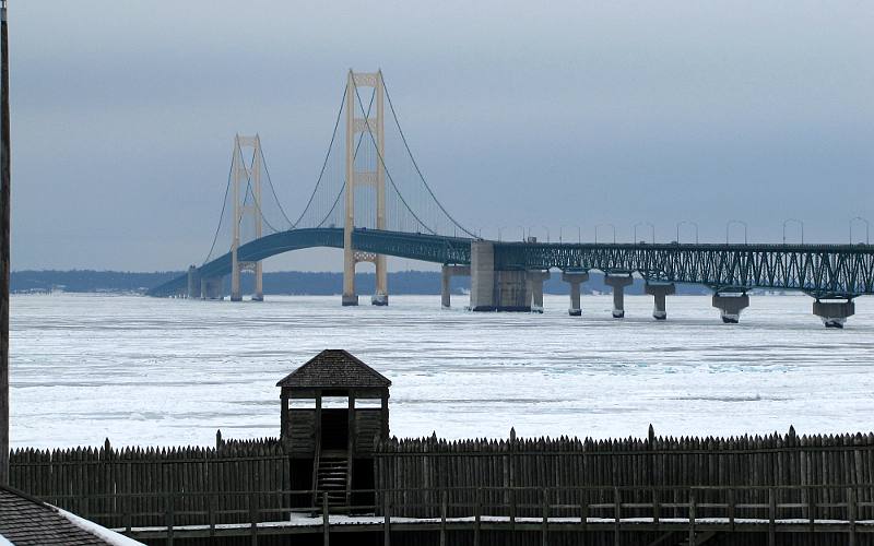 Mackinac Bridge and ice on the Straits of Mackinac