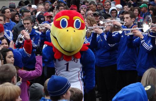 Kansas Big Jay and Jayhawk pep band