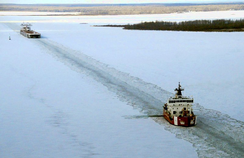 Coast Guard Cutter Mackinaw breaking ice in the St. Mary's RIver
