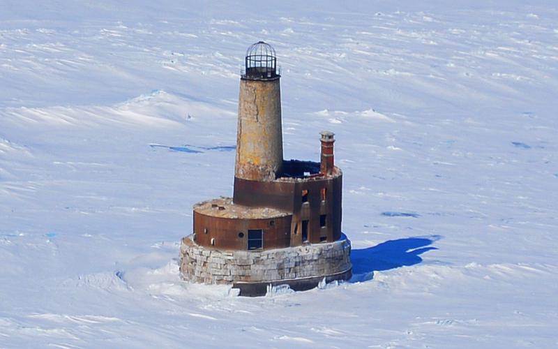 Waugoshance Lighthouse from the air in winter