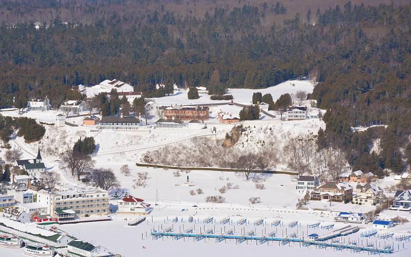 Fort Mackinac in winter from air