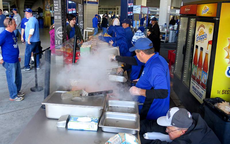 Cooking hamburgers and Kauffman Stadium