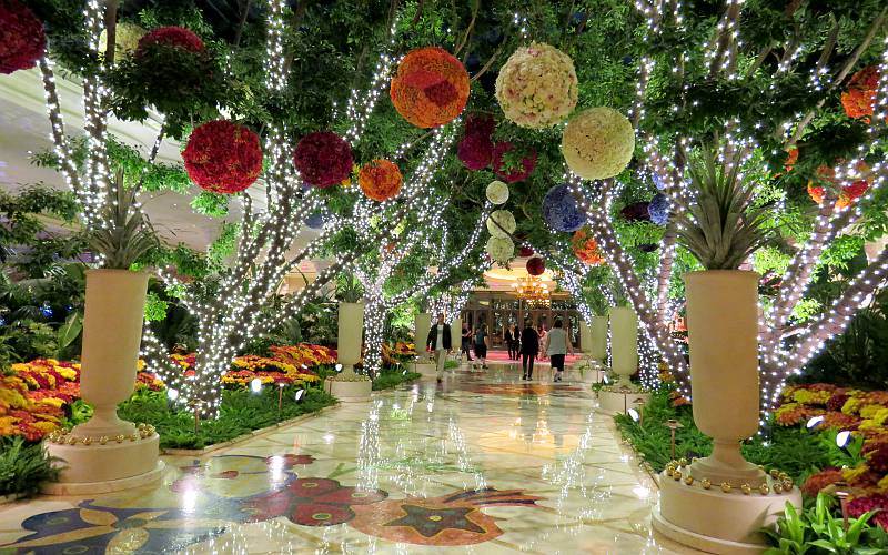 Atrium of the Wynn hotel with lighted trees