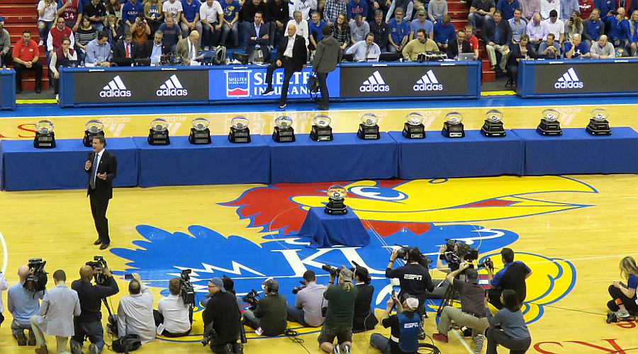 Big 12 Champion Basketball Trophies on the Naismith Court at Allen Fieldhouse