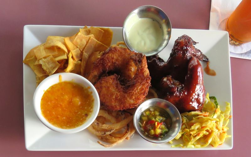 Six Cheese Ackee Dip, Coconut Shrimp, Jerk Wings