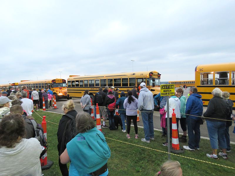 Lines for boarding the 2017 Mackinac Bridge Walk shuttle buses