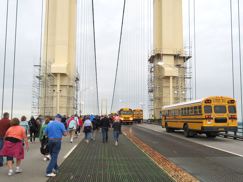 Scafolding on the north tower of the Mackinac Bridge