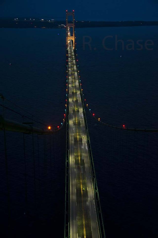 Mackinac Bridge at night from the top of the south tower