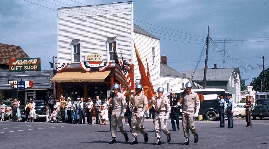 military color guards in Mackinac Bridge dedication parade