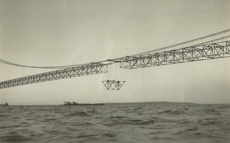 Mackinac Bridge construction - center span connected in 1957