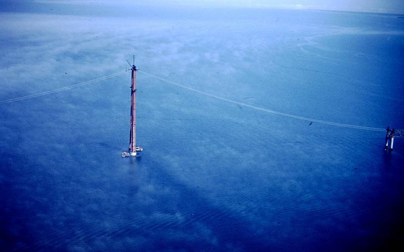 Mackinac Bridge tower in fog