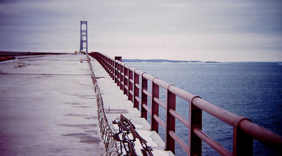 Mackinac Bridge roadway construction in 1957