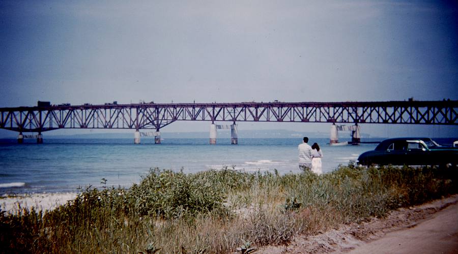 Mackinac Bridge construction with Mackinac Island