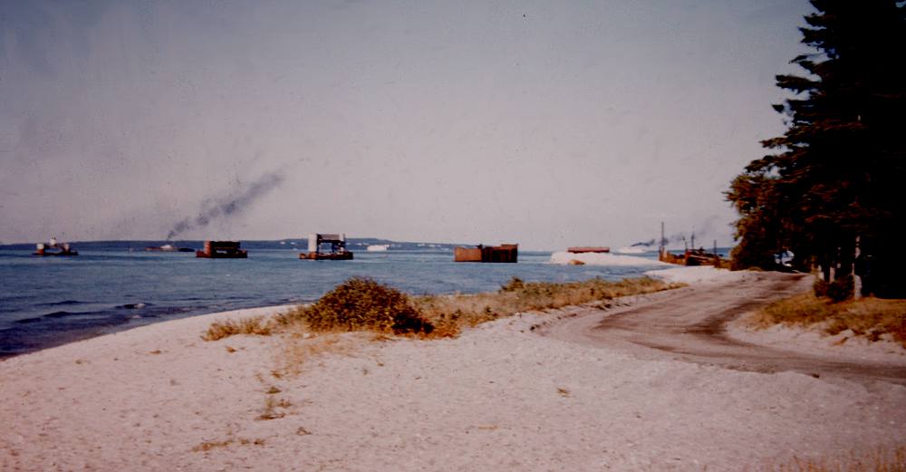 Mackinac Bridge construction with auto ferries