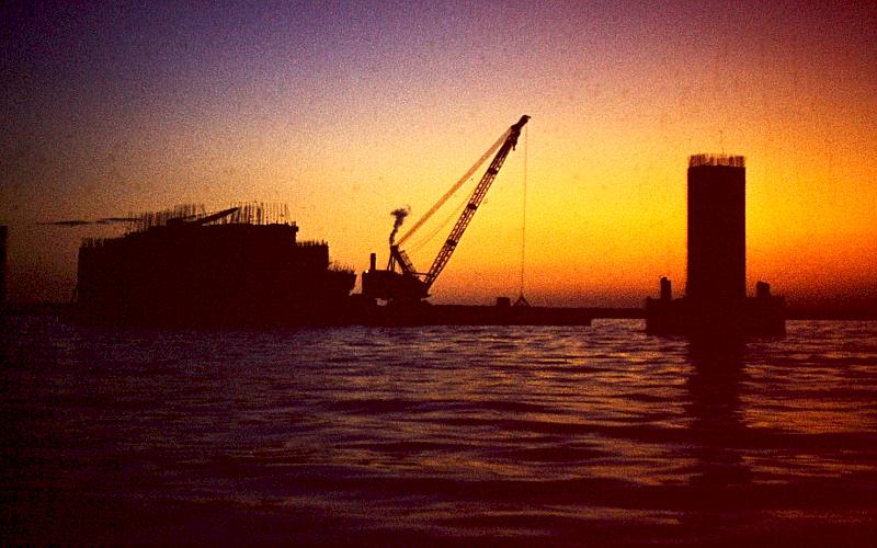 Mackinac Bridge anchorage and sunset