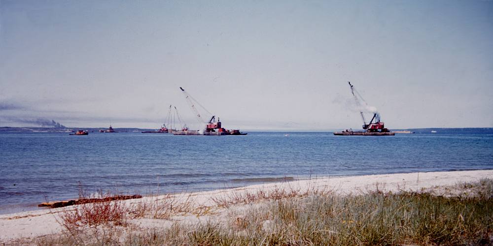 Mackinac Bridge construction barges and crane equipment