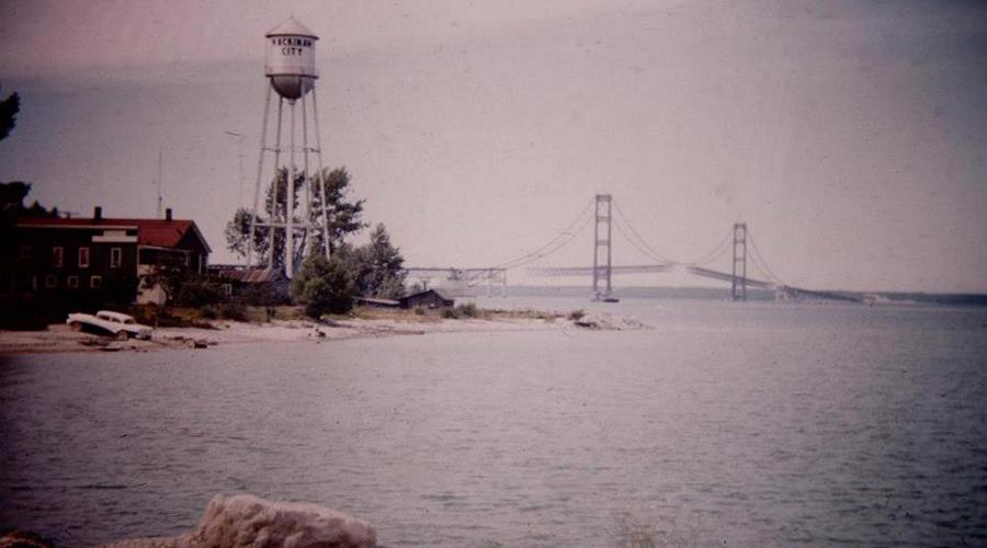 Mackinac Bridge construction and Mackinaw City water tower