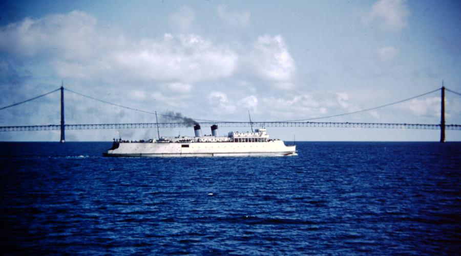 Auto ferry boat and Mackinac Bridge