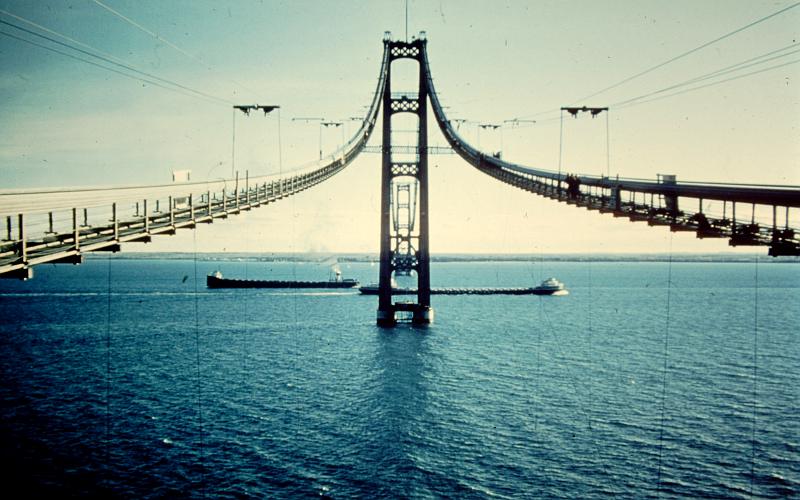 Mackinac Bridge construction and greighters
