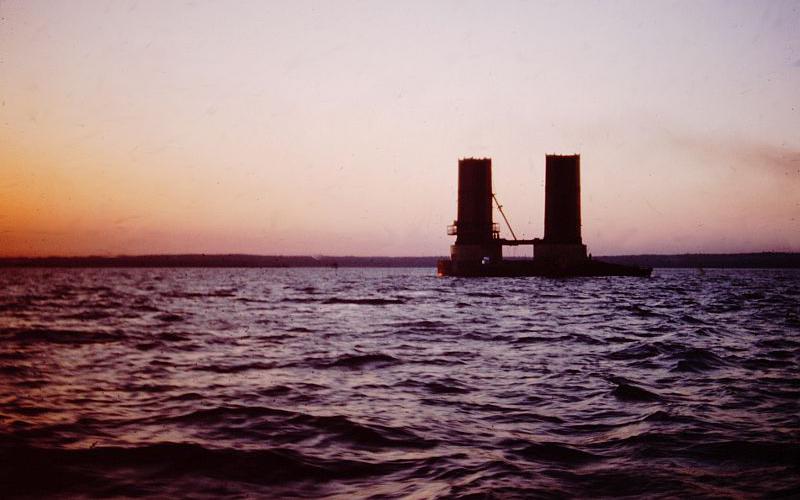 Sunset and base of Mackinac Bridge tower