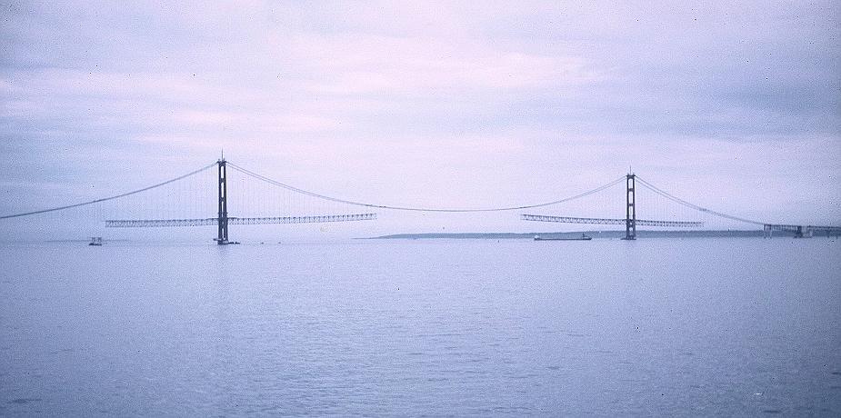 Mackinac Bridge construction and freighter