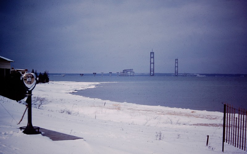 Mackinac Bridge construction in winter