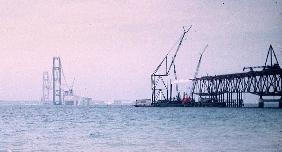 Mackinac Bridge under construction