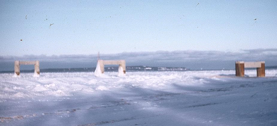 Mackinac Bridge construction in winter