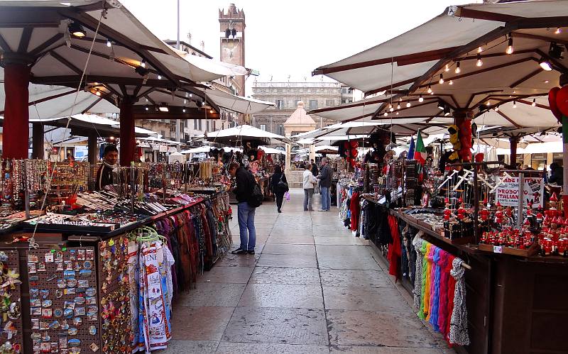 Souvenir stalls in the Piazza delle Erbe - Verona, Italy