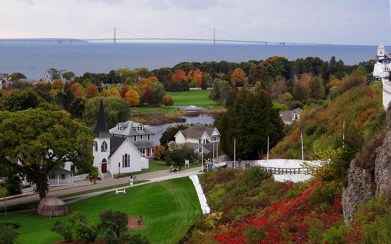 Mackinac Bridge and Mackinac Island with fall colors