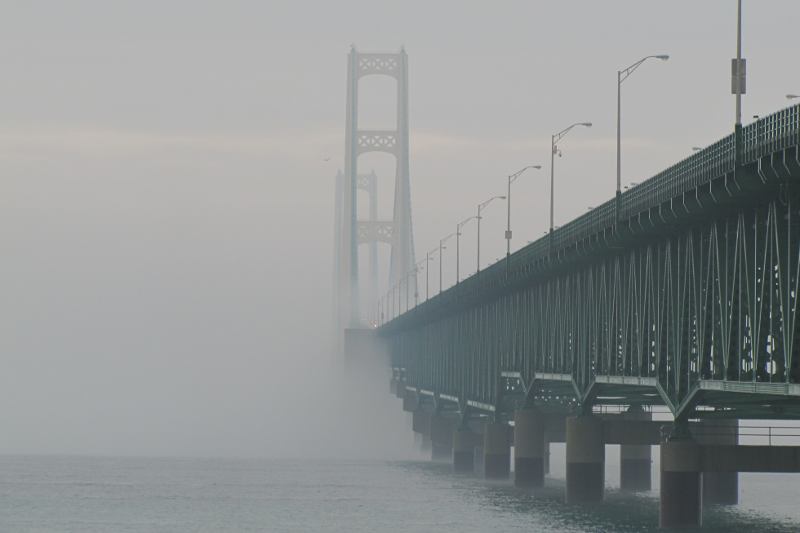 Mackinac Bridge in fog