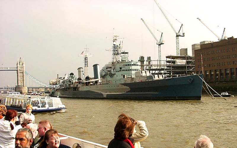 H. M. S. Belfast warship docked on the Thames River
