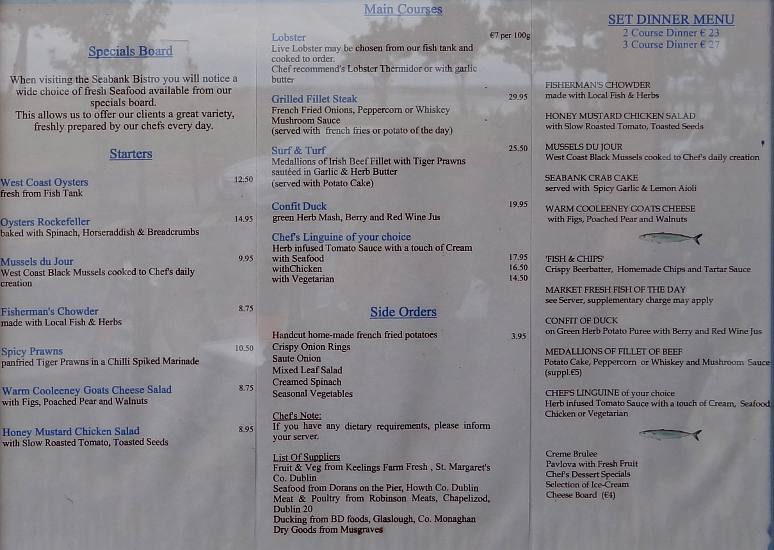 Seabank Bistro menu