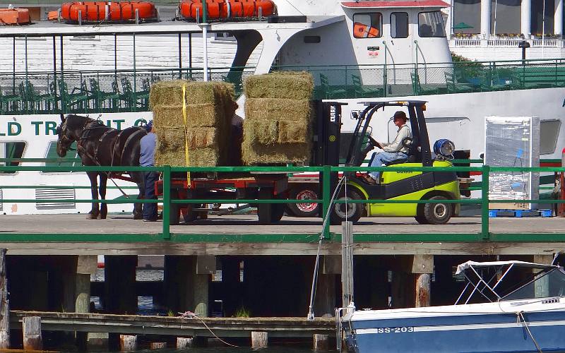 orklift loading hay onto a dray wagon - Mackinac Island, Michigan