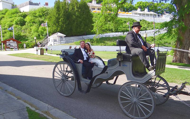 Bride and Groom in a horse drawn carriage