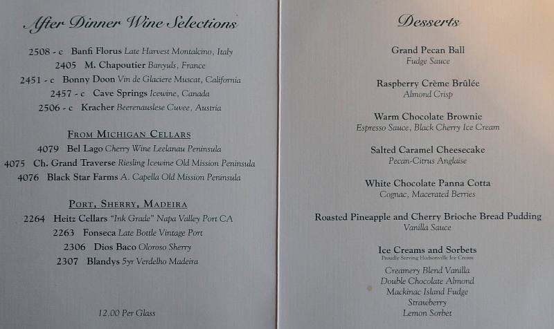 Dessert menu at the Grand Hotel