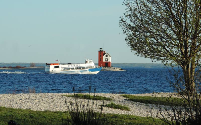 Shepler's Mackinac Island Ferry passing Round Island lighthouse